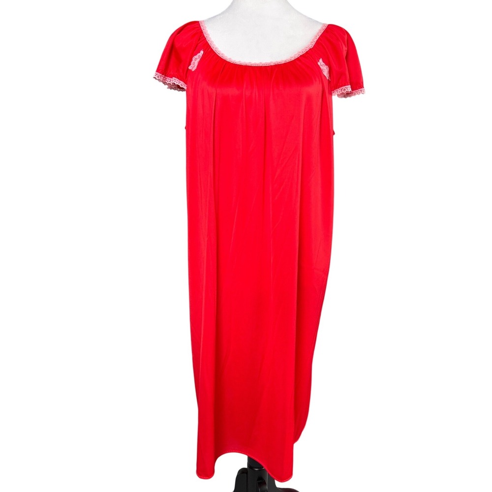 Vintage Lorraine Red Nylon Nightgown Pink Lace Trim Maxi Sleepwear Womens L